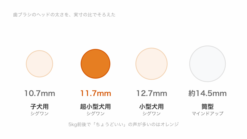 犬用歯ブラシのヘッドの太さを実寸の比で並べた図。シグワン子犬用10.7mm、超小型犬用11.7mm、小型犬用12.7mm、マインドアップ筒型約14.5mm