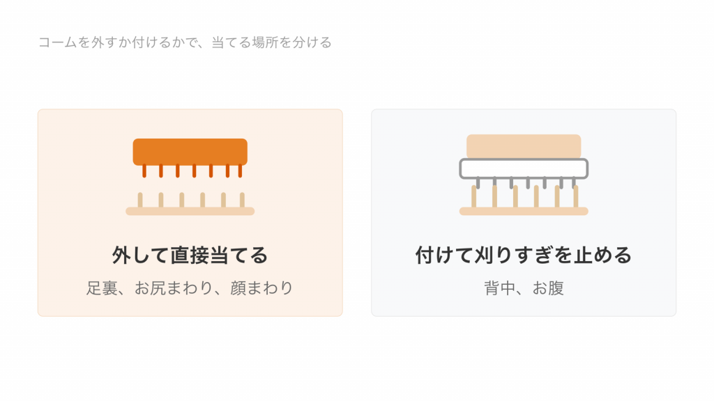 コームを外して直接当てる場所と、付けて刈りすぎを止める場所を分けた図