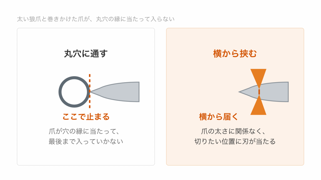 丸穴に通す爪切りでは太い爪が穴の縁で止まり、横から挟む爪切りでは刃が爪に届くことを示した図