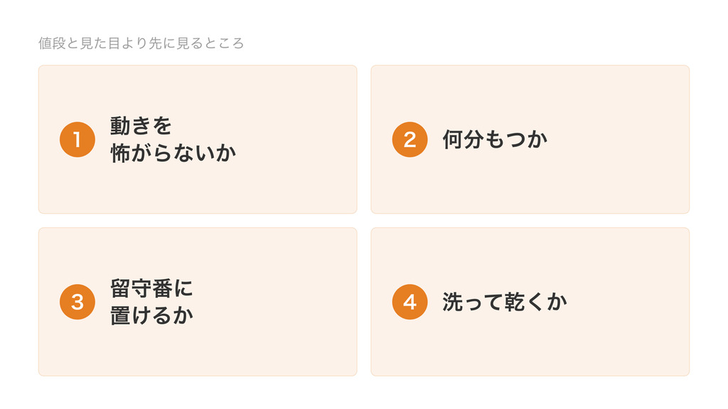 犬の知育玩具を買う前に見る4つ。動きを怖がらないか、何分もつか、留守番に置けるか、洗って乾くか