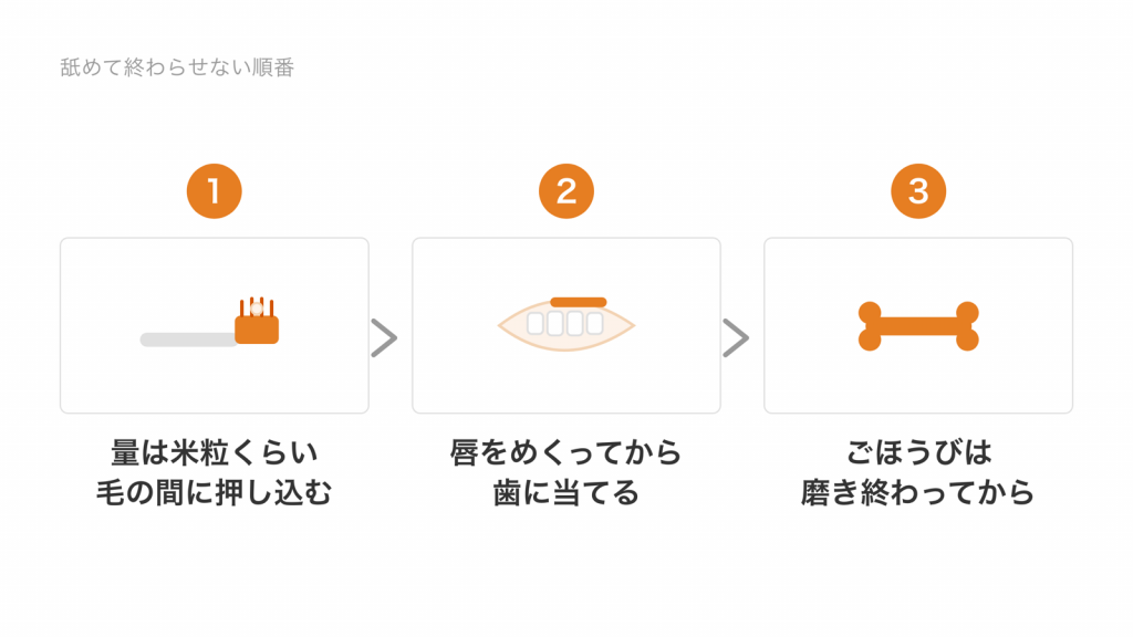 歯磨き粉の量を米粒くらいにして毛の間に押し込み、唇をめくってから歯に当て、ごほうびは磨き終わってからあげる3つの順番を示す図