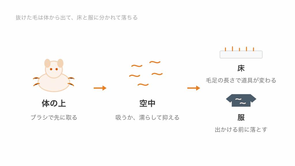 抜けた毛が体の上から空中へ、そこから床と服へ移動することを矢印で示した図