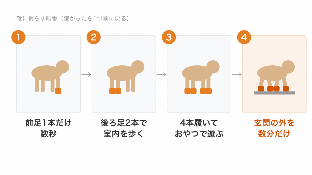 前足1本だけを数秒、後ろ足2本で室内を歩く、4本履いておやつで遊ぶ、玄関の外を数分だけ、の4つの順番を描いた図